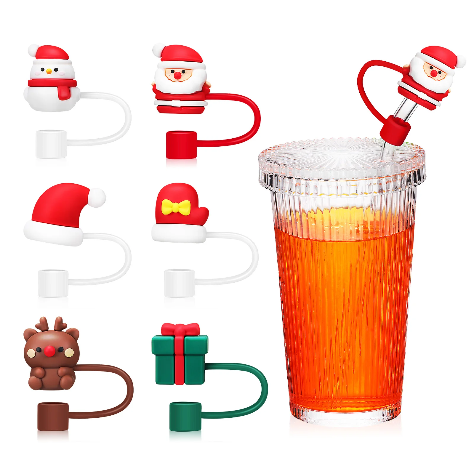 6 Pcs Red Scarf Snowman Silicone Straw Covers Drinking Reusable Tips Protector Caps Decor Adorable Stopper Shot