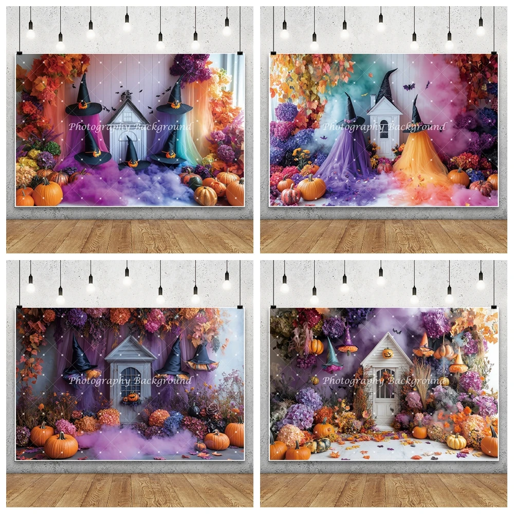 

Halloween Photography Background Horror Castle Colorful Witch Hat Pumpkin Lanterns Adults Kids Halloween Party Photo Backdrop