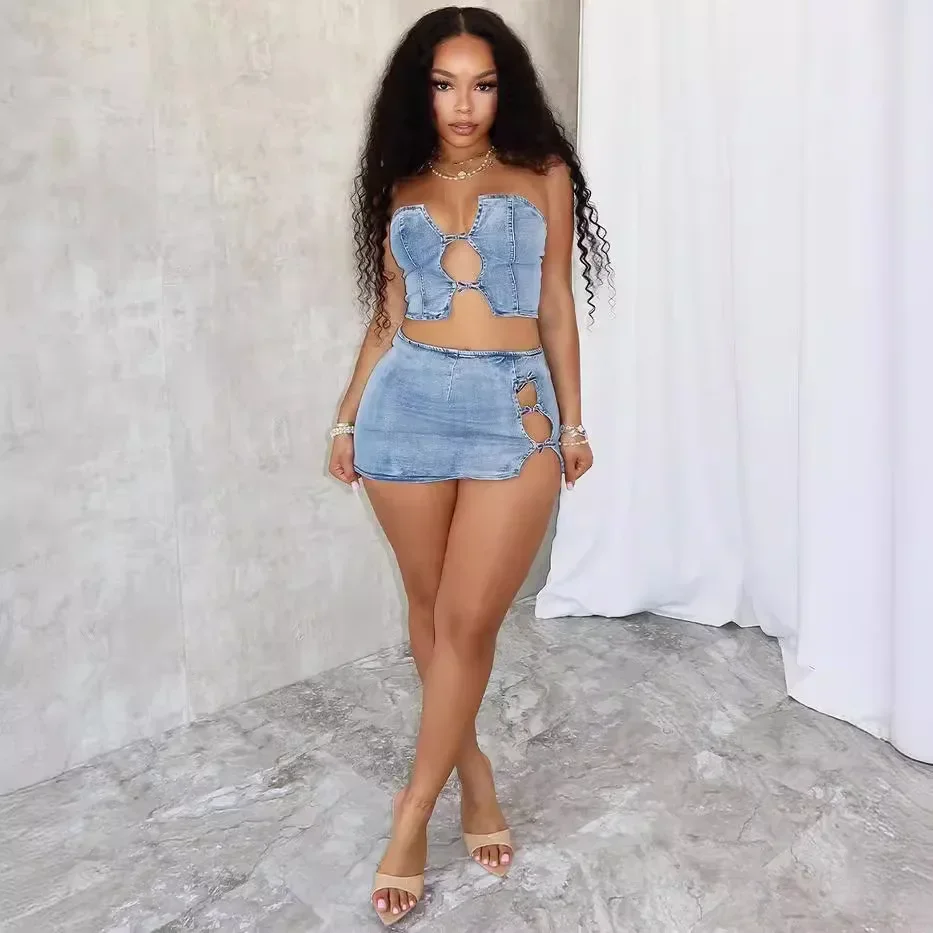 

Сексуальный джинсовый топ без бретелек без рукавов, ажурные комплекты из двух предметов, женские укороченные топы, мини-юбка, ковбойские наряды, уличная одежда, юбки, костюмы