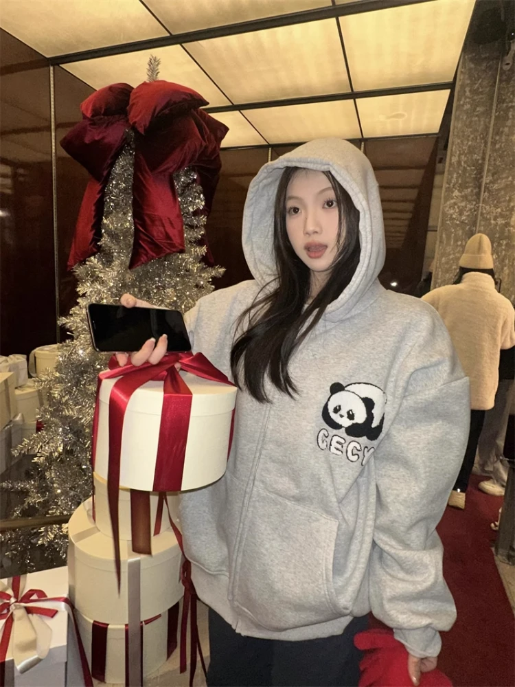 Adagirl kawaii panda gráfico hoodies para mulheres bordado cinza oversized moletom feminino cutecore topos outono inverno roupas