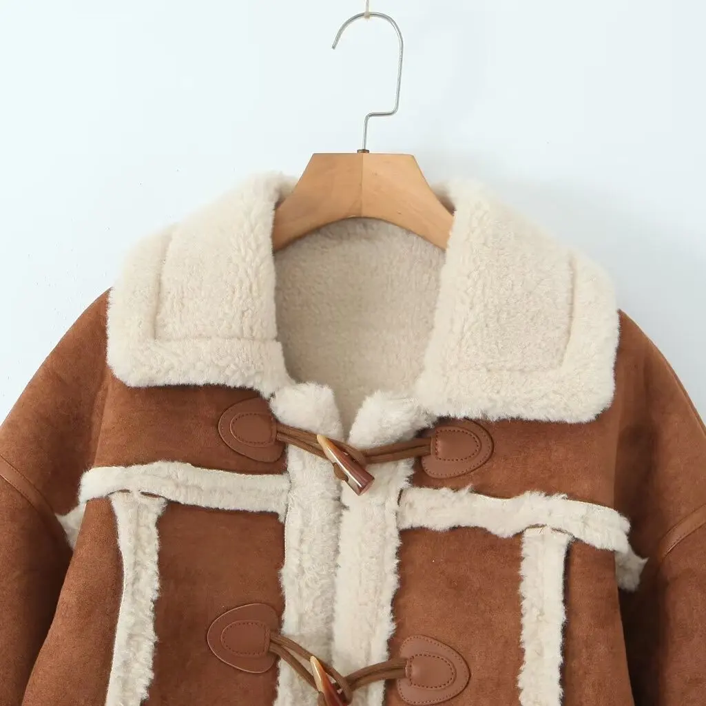 Faionable الرجعية الجلد المدبوغ لامب الفراء Jaet مع زر التفاصيل البوليستر النسيج طويل Sve معطف السيدات Sli الخريف وصول جديد #2