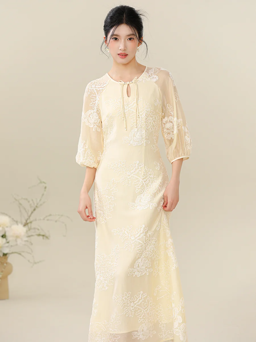 

Новое китайское льняное длинное платье-ципао с вышивкой и поясом, улучшенная модель для женщин, летне-осенний стиль, элегантное женское платье