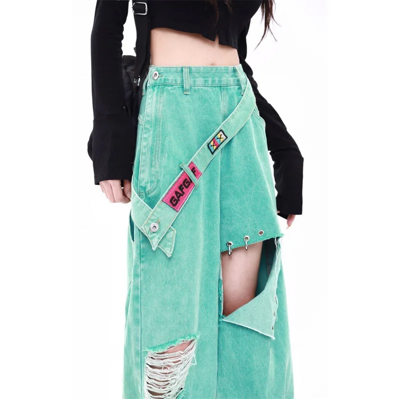 Spring Summer New Ripped Belt Jeans Japanese Hot Girl High Waist Loose Straight Denim Pants Harajuku Hip-hop High Street Wear