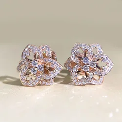 Female Luxury Crystal Flower Earrings Small Zircon Stud Earrings For Women Children Vintage Silver/Rose Gold Color Earrings