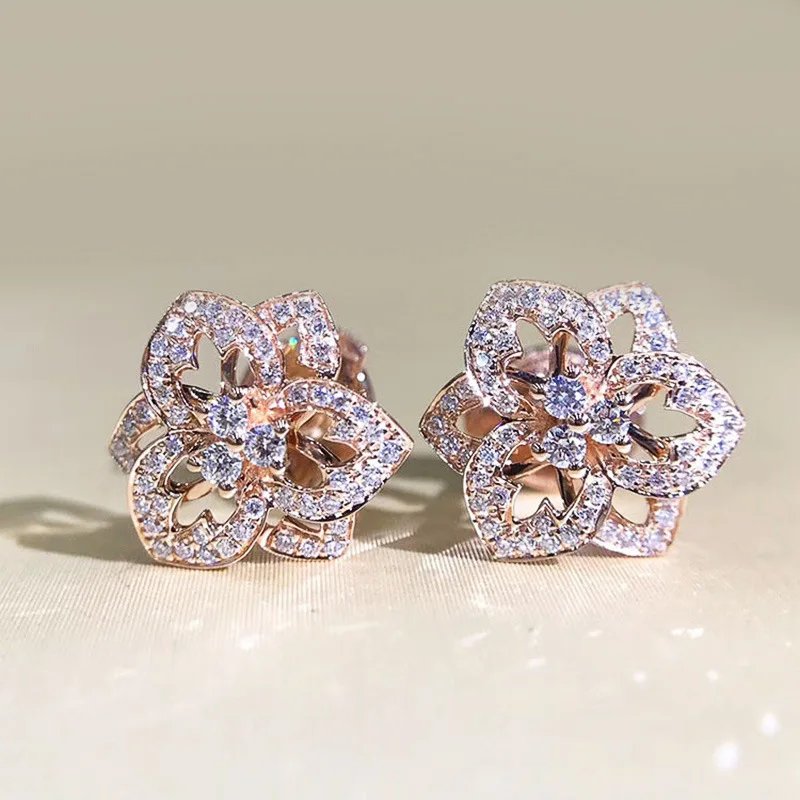 Kobiece kolczyki luksusowy kryształowy kwiat małe cyrkonie kolczyki dla kobiet dzieci Vintage Silver/Rose kolczyki w kolorze złota