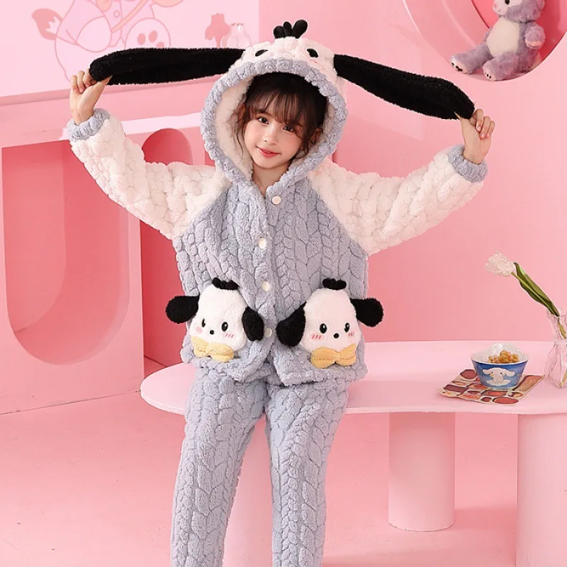 Sanrio Cartoon Pochaccos kuromis Children\'s Flannel Pajamas Fall/Winter Girls\' Coral Velvet Thickened Warm Girls\' Home Wear