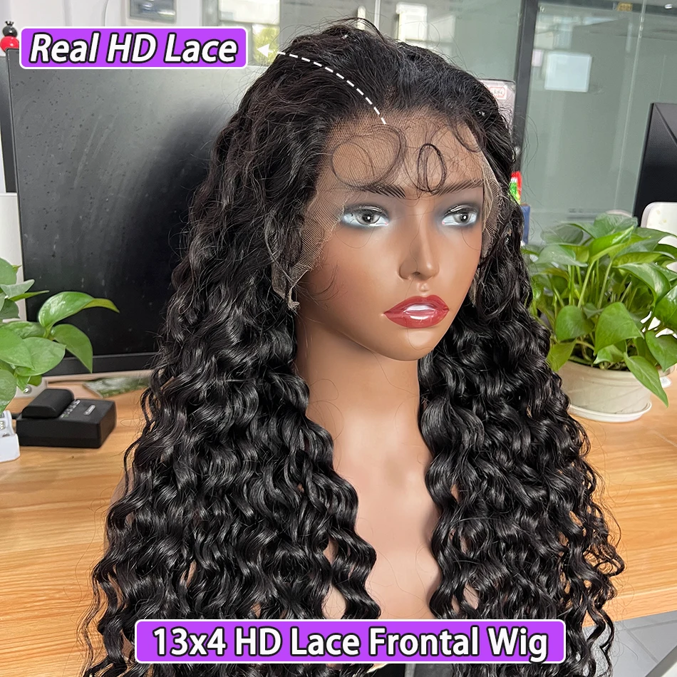 13x4 HD Lace Frontal Human Hair Water Wave Wigs Natural Black Color 200% Density Preplucked Bleached Knots Wig Raw Virgin Hair