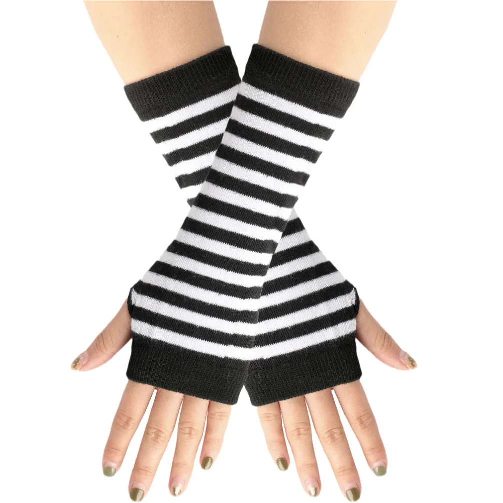 Rayé manches courtes dame enfants automne printemps Cosplay Punk tricot chauffe-bras élastique doux Preppy Halloween gants sans doigts