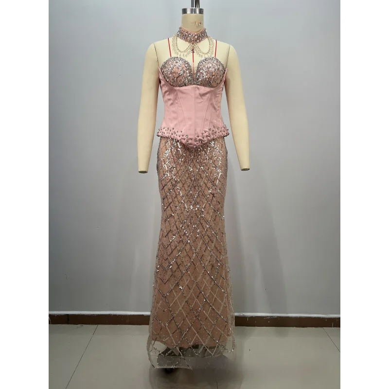 

Новинка: Женское платье с круглым вырезом, халтером, без бретелек, имитация двух частей, с пайетками, облегающее, сексуальное, сетчатое, с обильной вышивкой бисером, вечернее