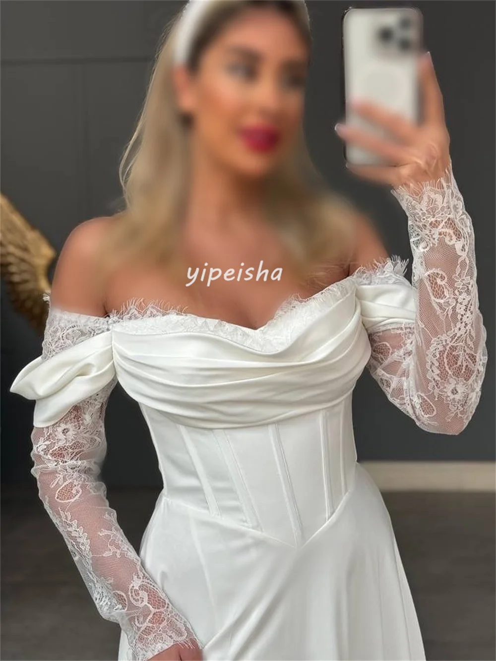 맞춤형 고급스러운 클래식 시폰 플리츠 드레이프 레이스 A라인 오프숄더 롱 드레스 맞춤형 행사 드레스 캐주얼 섹시