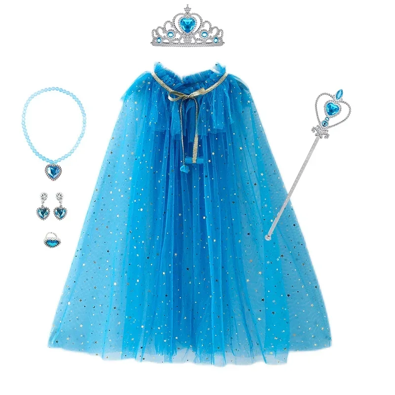Girl Princess Costume Kids Party Accessories Cloak Crown Wand Necklace Earrings Rings Set Elsa Anna Rapunzel Aurora Tulle Cape G