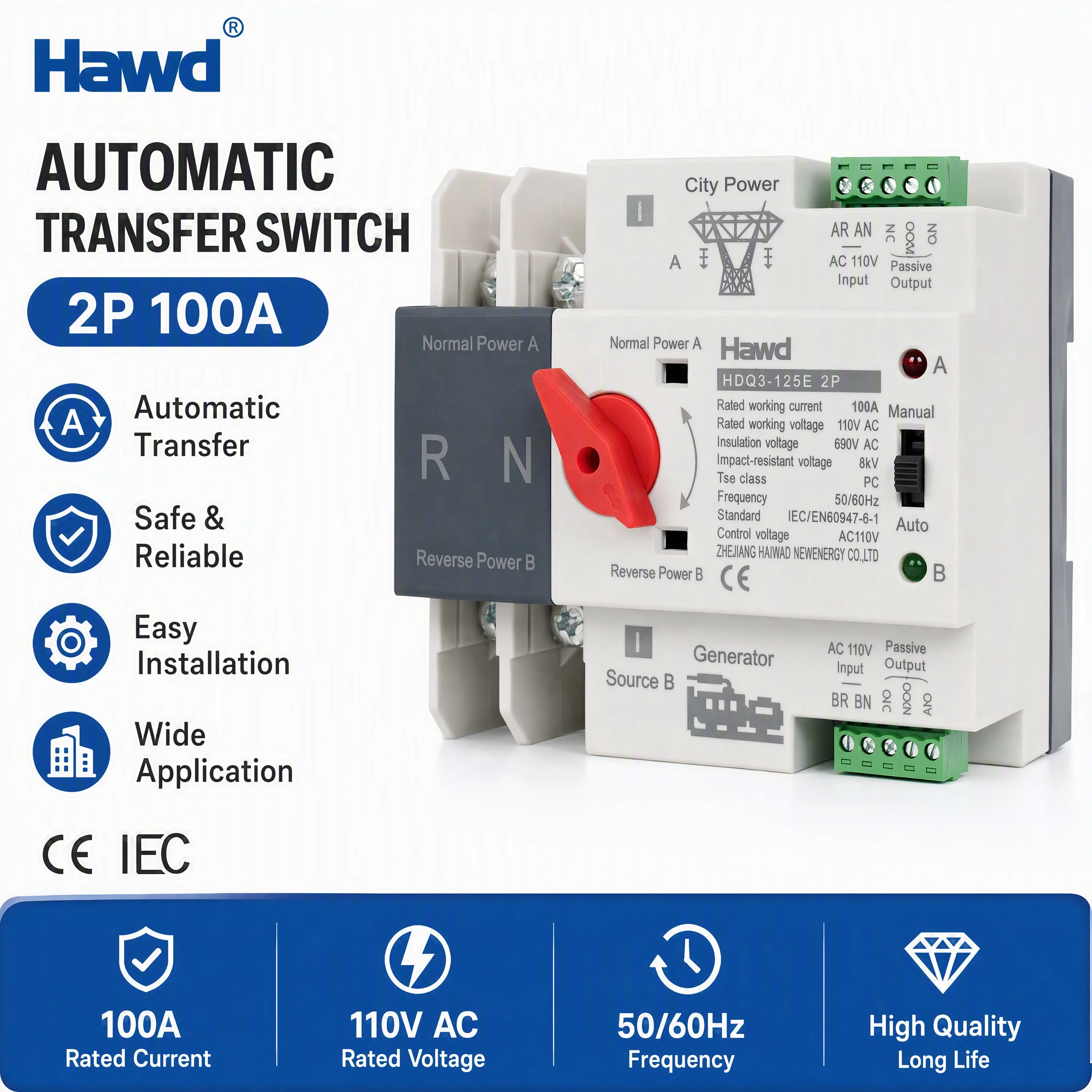 ATS Transfer Changeover 100A Dual Power Automatic Transfer 50Hz 60Hz 690VAC Insulation AC110V for Laboratories