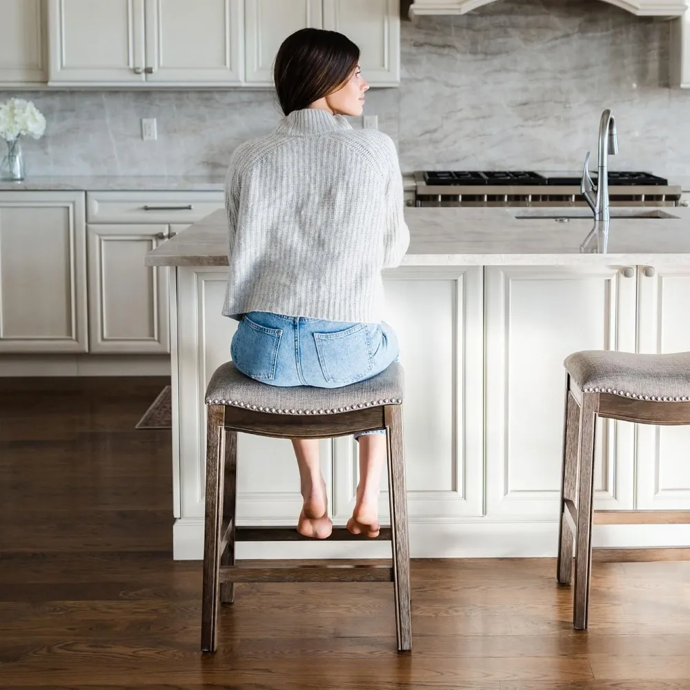 Adrien 26 Inch Counter Height Upholstered Backless Saddle Barstool in Walnut Wood Finish