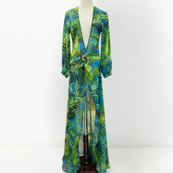 Groene Lange Print Diepe V-Hals Holle Rug Jurk Met Sieraden Knopen Banket Rok Feest Strand Rok