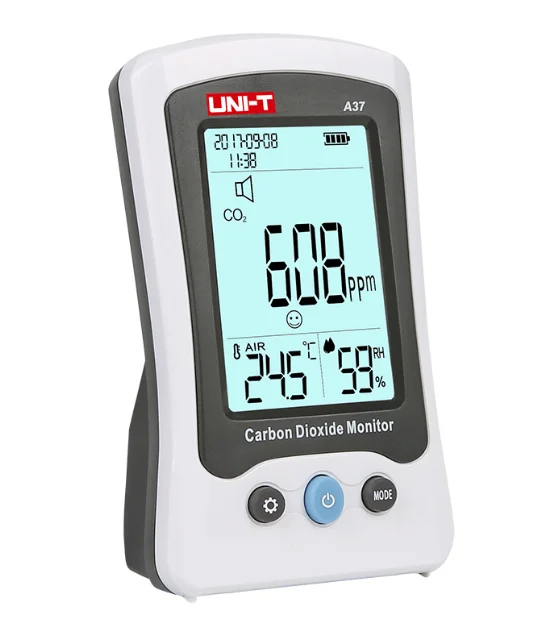 Uni-t A37 CO2 Meter Fo LCD Displays CO2 Concentration Temperature Humidity and Date Time Air Quality Is Indicated With Emoticons