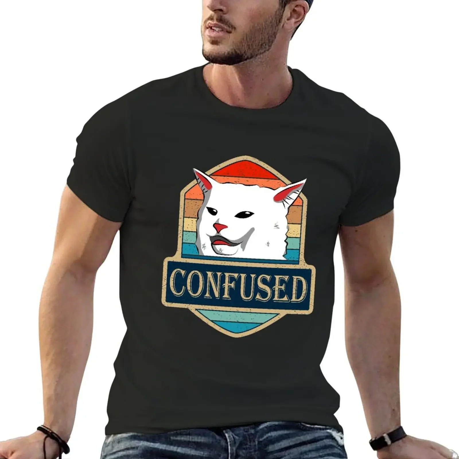 

Confused - Cat Meme Woman Yelling At Table Dinner T-Shirt quick drying sublime mens cotton t shirts