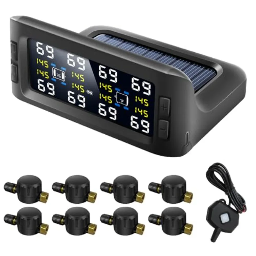 

Tire Pressure Monitoring System Solar TPMS w/8 Flow Thru Sensors and Signal Repeater - Long Range Transmission for RV/Truck/Tra