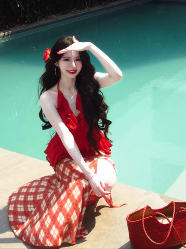 Spring Fashion High Waist Plaid Fish Tail  Skirt Women's Slimming Long Skirt Pure Desire Sexy Korean Style Commute