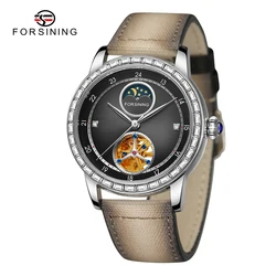 Forsining Men Business Leather Strap Skelton Automatic Watches Moon Phase Mechanica Watch 30m Waterproof Luminous Hands Watches