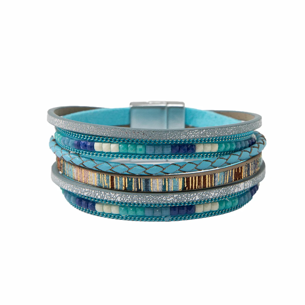 Bohemian Weed Beads Boho Pu Leather Stackable Handmade Braided Magnetic Clasp Women Wrap Bracelet Jewelry