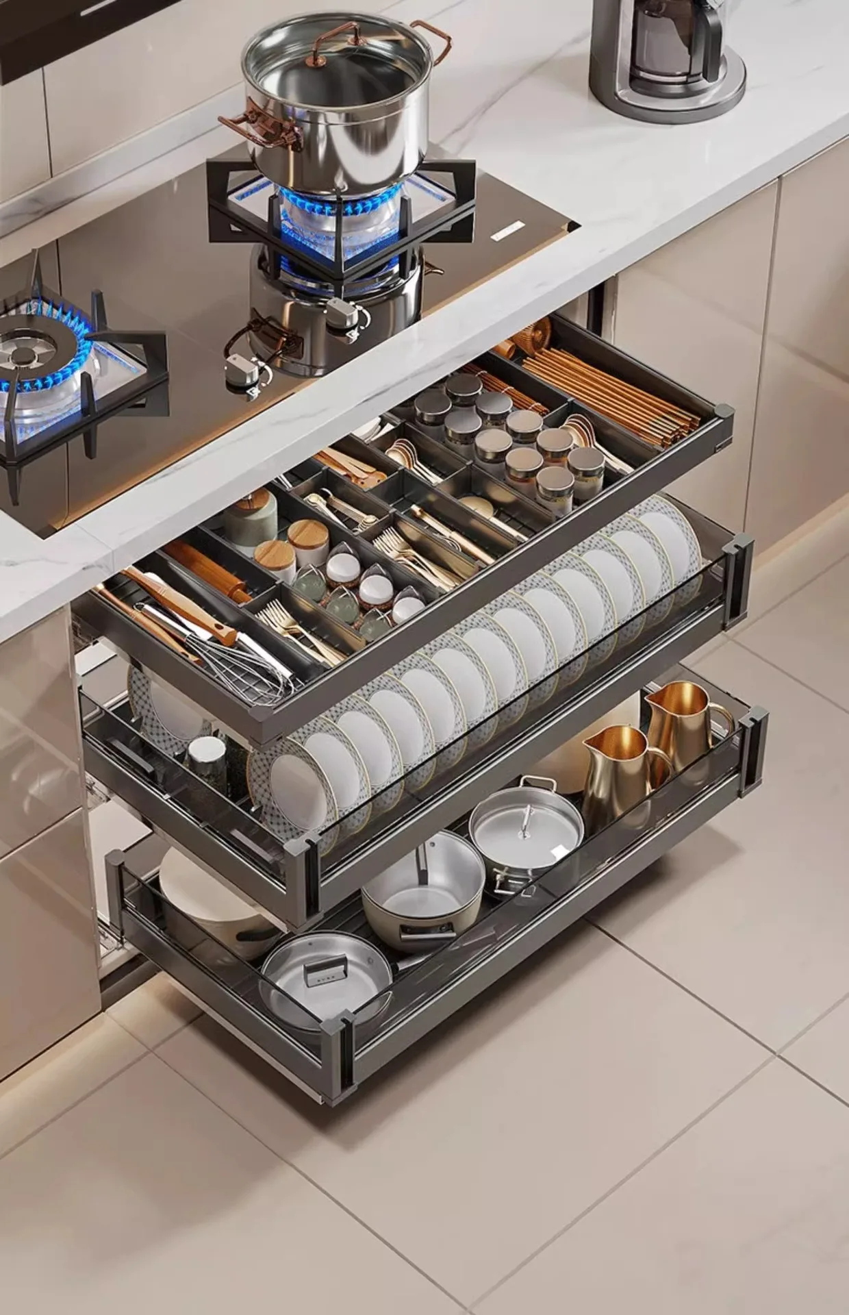 Three-layer kitchen cabinet pull basket, double-layer drawer type dish basket, space aluminum alloy draw, tableware,