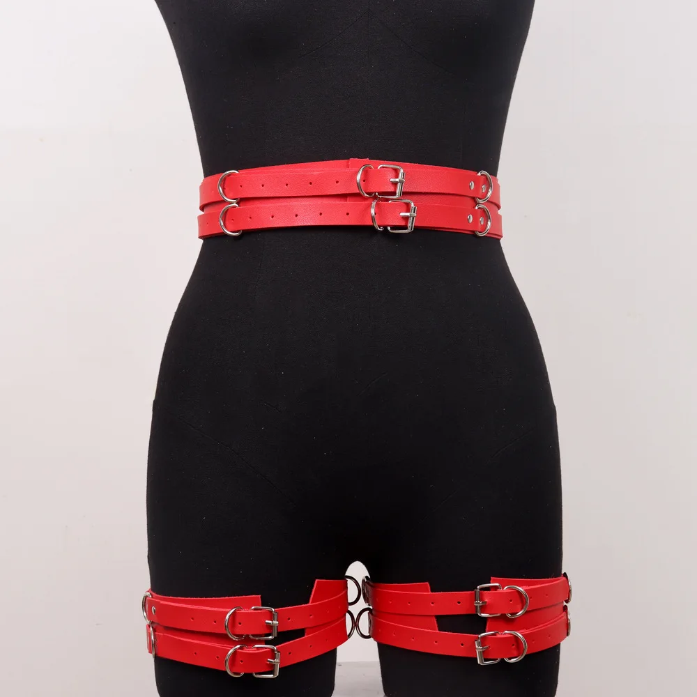 Sexy Red Leather Thigh Garter Belt Women Body Harness Bondage Erotic Gothic Fetish Clothing Garter Stockings Suspenders Sex Toy