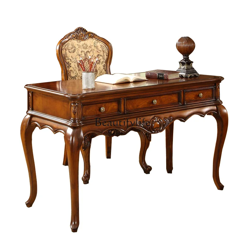

American solid wood home desk European antique writing desk painting table chair combination