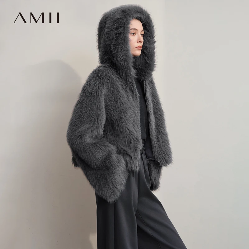

AMII Faux Fur Coat 2025 Autumn New Warm Woman Coats Winter Loose Hooded Long Sleeves Casual Women's Outerwear Jackets12524016
