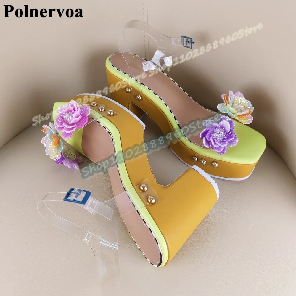 รองเท้าส้นหนาแบบเปิดนิ้วเท้า สายรัดข้อเท้า วัสดุ PVC ใส ลายดอกไม้ สำหรับผู้หญิง สไตล์ทันสมัย เหมาะสำหรับงานปาร์ตี้