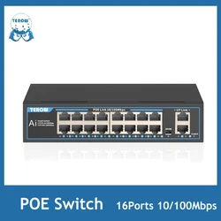 TEROW-conmutador POE de 16 puertos, conmutador Ethernet rápido de 100Mbps, interruptor de red IEEE 802,3 af/at para cámara IP/sistema de cámara/AP inalámbrico