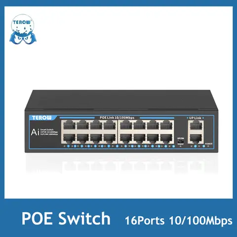 TEROW POE 고속 이더넷 스위치 네트워크 스위치, IP 카메라, 카메라 시스템, 무선 AP용, IEEE 802.3 af/at, 16 포트, 100Mbps