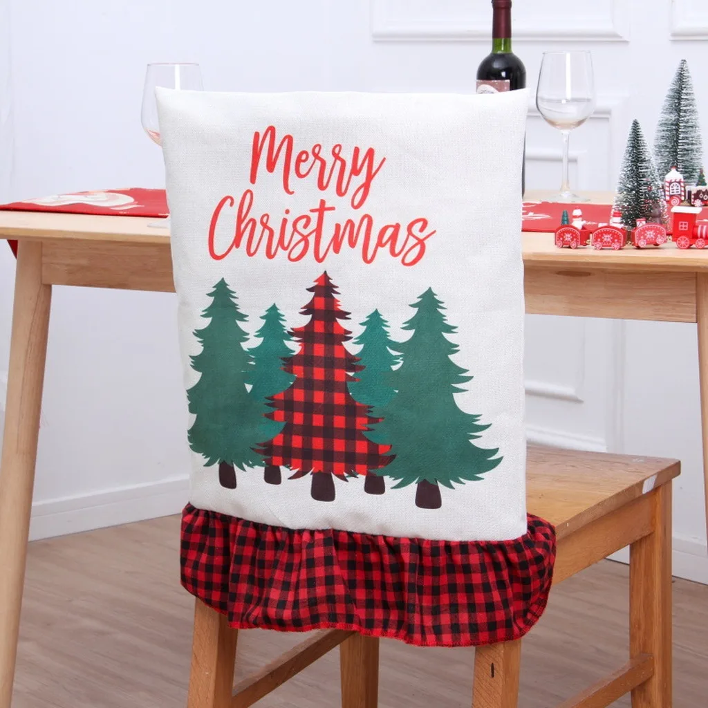 Holiday Chair Cover Ruffle Trim Gnome Pattern Chair Cover Fabric Chair Back Cover Non Woven For Holiday Home Decoration Dining