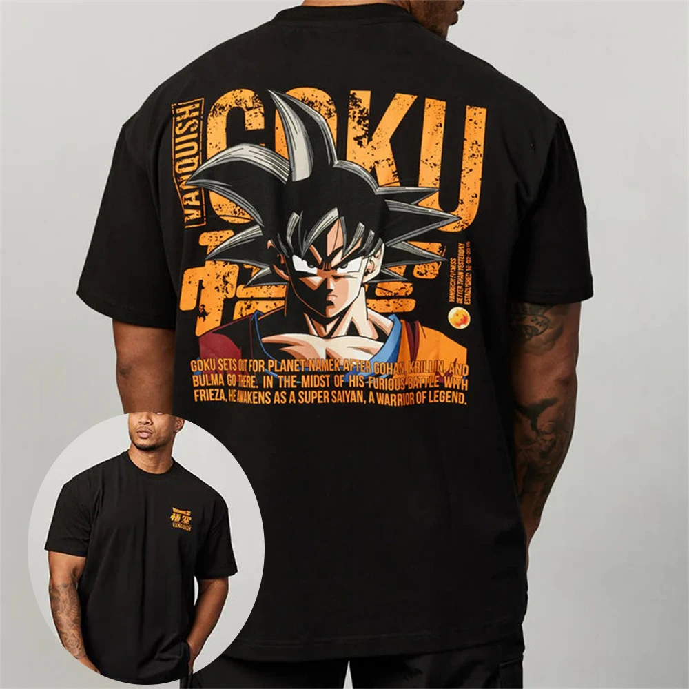 Bandai genuino 2026 nuevo Dragon Ball Goku Namek Saga Super Saiyan estampado de talla grande para hombre Top de cuello redondo suelto pantalón corto Casual manga