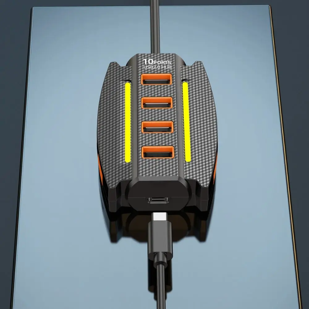 RGB الخلفية 10 منافذ USB 2.0 الفاصل تمديد نقل البيانات 10 في 1 USB2.0 HUB موصل متعدد الوظائف USB ميناء المتوسع