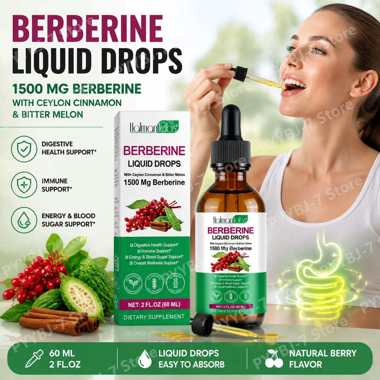 Berberine Liquid Drops with Ceylon Cinnamon & Bitter Melon, Energy & Blood Sugar Support, Digestive Health Support, 60 Servings
