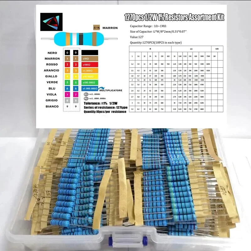 1270PCS 1 2W gold film resistance package accuracy 1% 1R-1M resistance commonly used 127 kinds of 1270 boxes.