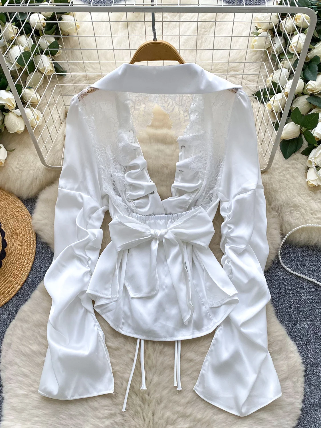 Foamlina Floral Lace Hem Open Back Slim Shirt Women Fashion Solid Deep V Neck Long Sleeve Lace Up Buttons Ruched Shirt Blouse