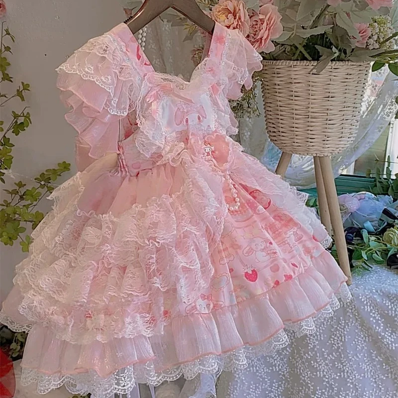 Pink Tiered Lace Ruffle Kids Lolita Dress Girls Cake Dress Cute Bow Beaded Princess Birthday Party Costume with Layered Tulle