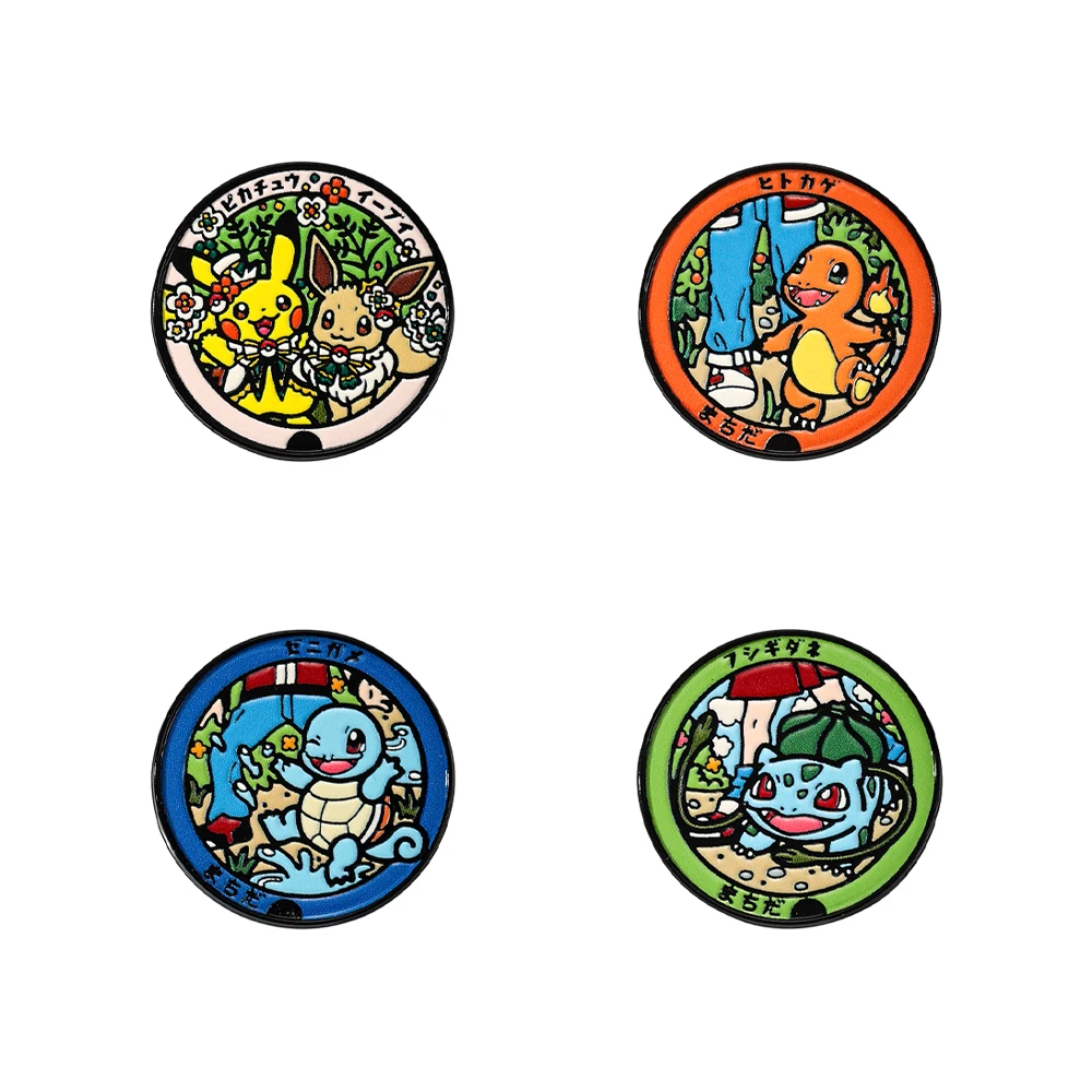 4 Stück Vintage runde, illustrierte Metall-Emaille-Anstecknadeln, Chibi süße Kreatur-Broschen, Sammler-Accessoires für Fans