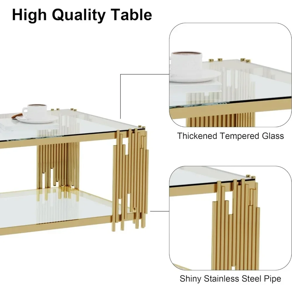 Mesa de centro, mesa de salón moderna, patas doradas, mesa de centro rectangular de material de vidrio templado transparente de 51 pulgadas