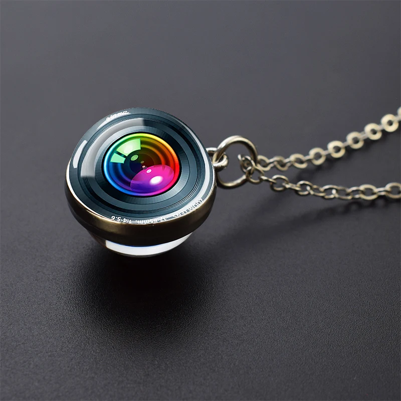 Camera Lens Eyes Necklace Double Side Glass Ball Pendant Gift for Photography Lovers