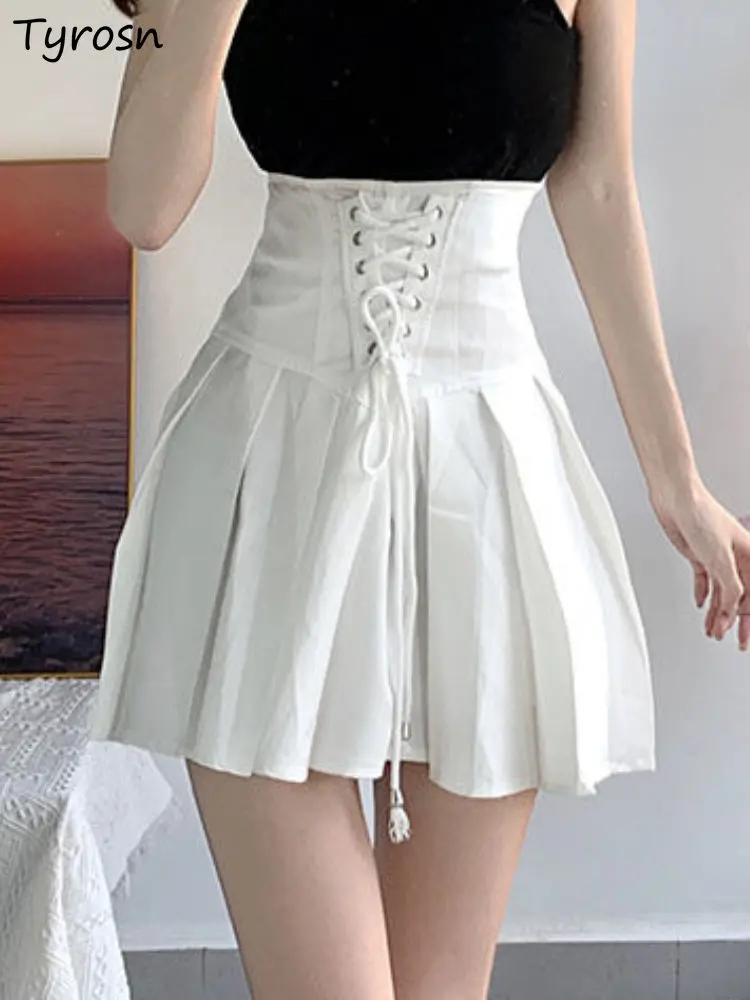 

Skirts Women Mini Sweet Design Bandage Simple All-match High Waist Leisure Daily Summer A-line Students Fashion Folds Ulzzang