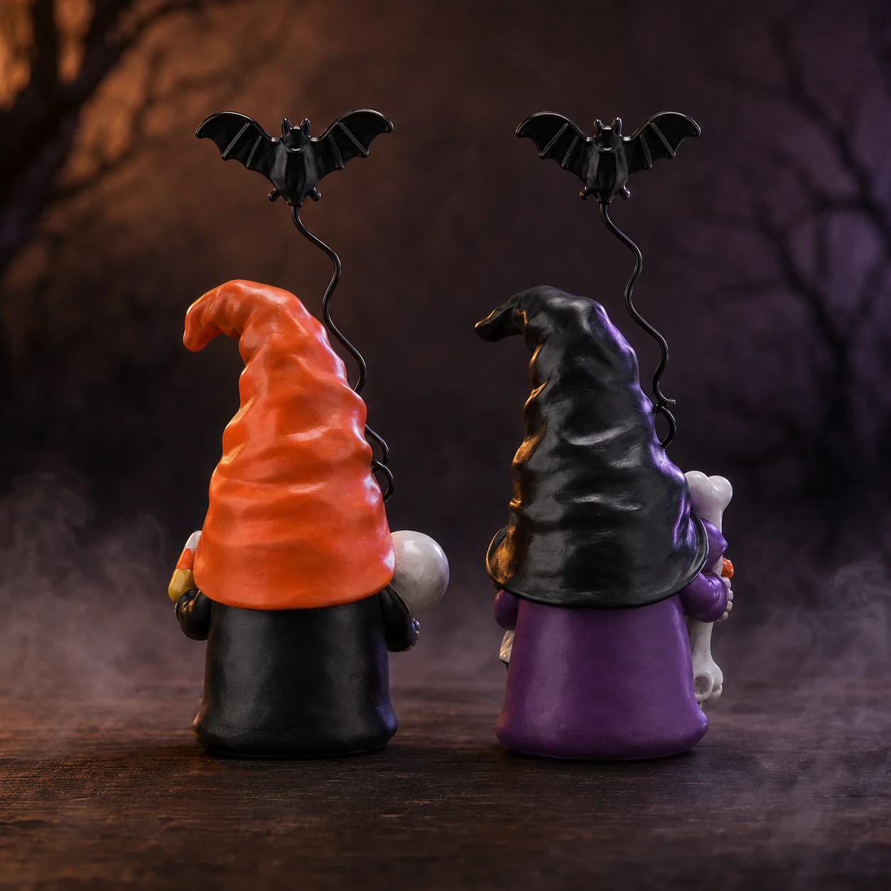 Hodao Resin Halloween Gnome Figurine Set, 2-Piece Pumpkin and Witch Gnome Decor with Spring-Loaded Flying Bat Topper, Skeleton Chest, Skull, Pumpkin and Candy Corn Details,Cute Creepy Hand-Painted Tabletop Ornament for Shelf, Mantel, Fireplace and Holiday
