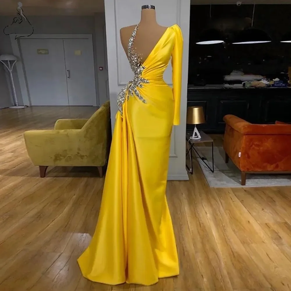 Vestidos de noite manga comprida com um ombro, vestidos elegantes de cetim amarelo, vestido de festa com zíper, vestidos de baile