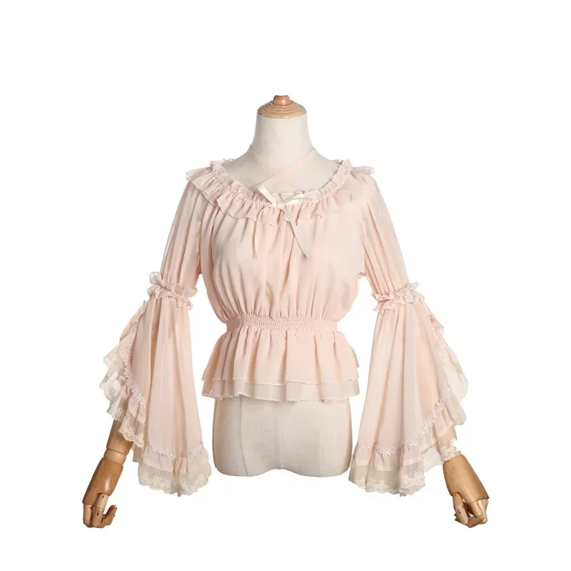 Blusa de encaje de gasa Lolita con tirantes debajo de la camisa para mujer, cuello Halter y hombros descubiertos, Tops dulces con volantes largos, mangas acampanadas para talla grande