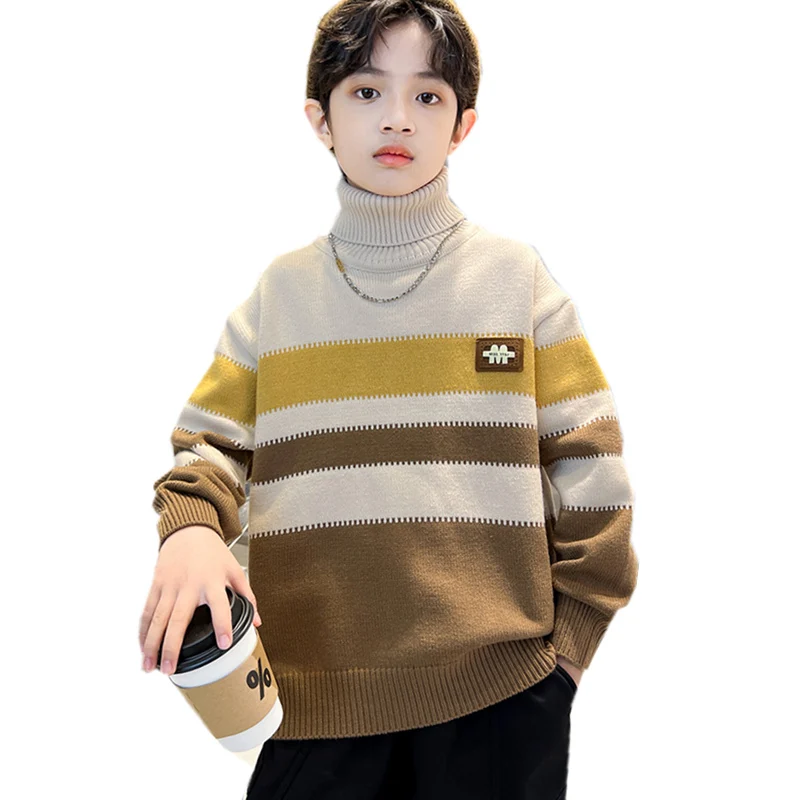 

New Fashion School Boy High Neck Sweater Spring Teenage Kids Striped Turtleneck Knitwear For Child Casual Knitted Outerwear 4-14