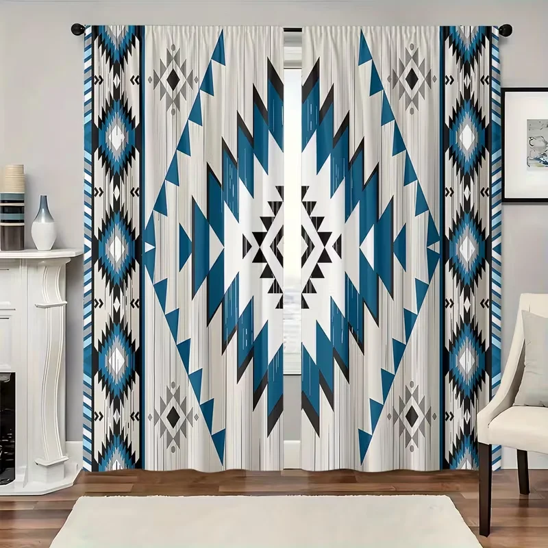 2pcs Southwestern Aztec Curtains Blue Geometric Diamond Window Drapes Tribal Ethnic Boho Art Decor Living Room Bedroom