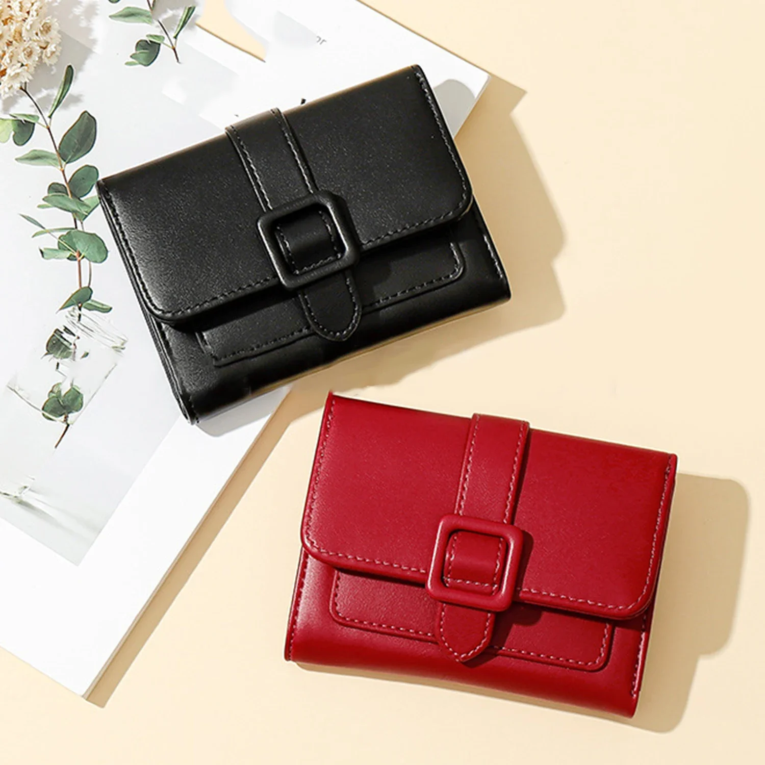 PU Leather Square Buckle Porta-moedas para mulheres, titular do cartão, vários slots de cartão, carteira monocromática, bolsas de senhoras, moda