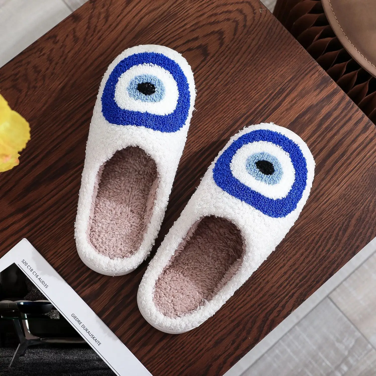 Evil Eyes Pattern Devil\'s Eye Embroidery stuffed Home Thick Sole plaid Furry Cotton Slippers Cute Warm Non-slip Indoor Slippers Gift Preferred