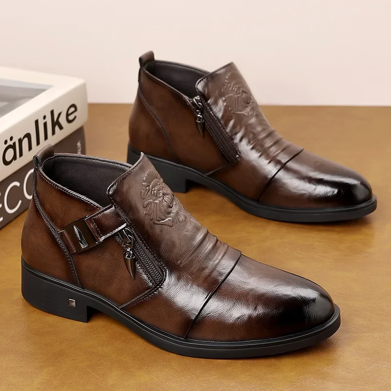 

Fashionable Cow Leather Men's Shoes High Top Business Casual Shoes Short Boots Zipper Side Up Rubber Sole Breathable for Male